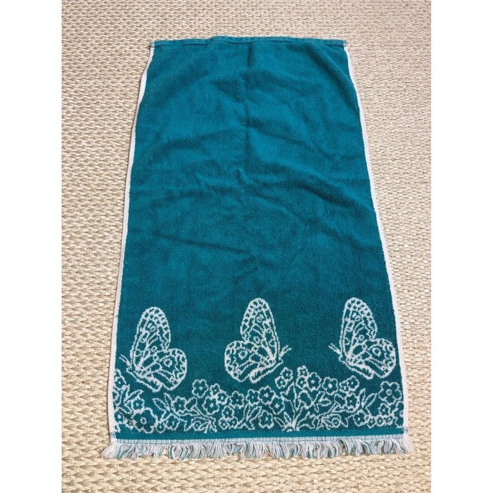 Vintage Teal Blue Butterfly Hand Towel Fringed Floral Cottagecore Retro Bath